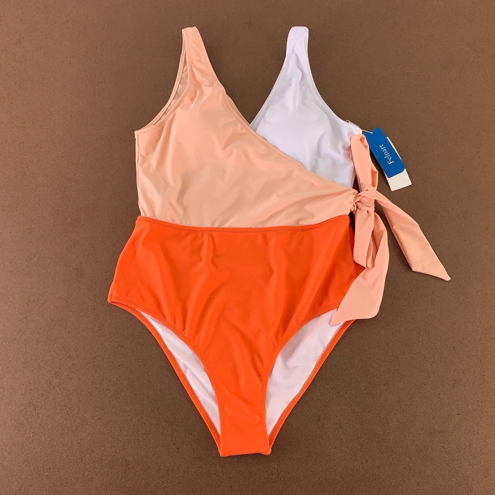 Felnart Women's Size Large Orange Colorblock V Neck Bow One Piece Swimsuit NWT